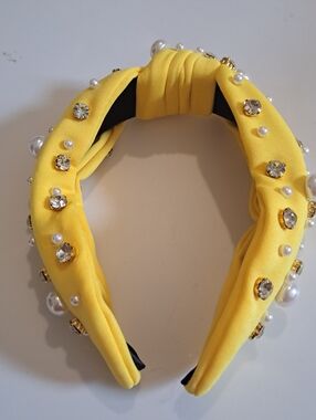 Yellow Faux Pearl & Rhinestone Knotted Headband - Wide, Solid Color